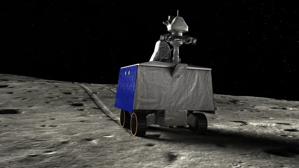 An illustration of the VIPER moon rover looking like a silvery box with wheels on the moon