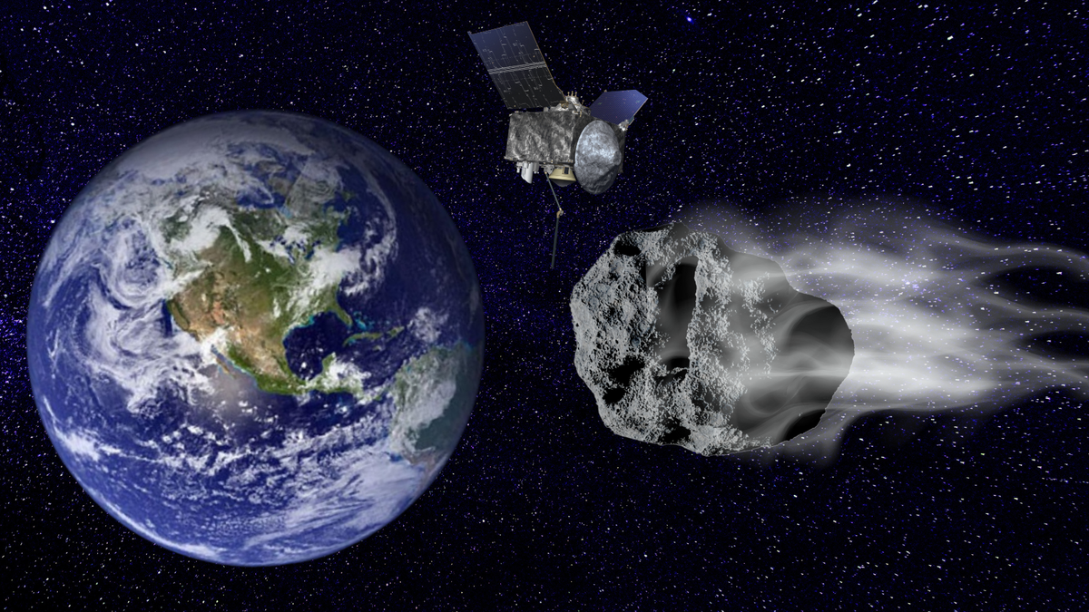 An illustration shows OSRIS APEX as it watches the asteroid Apophis skim Earth in 2029