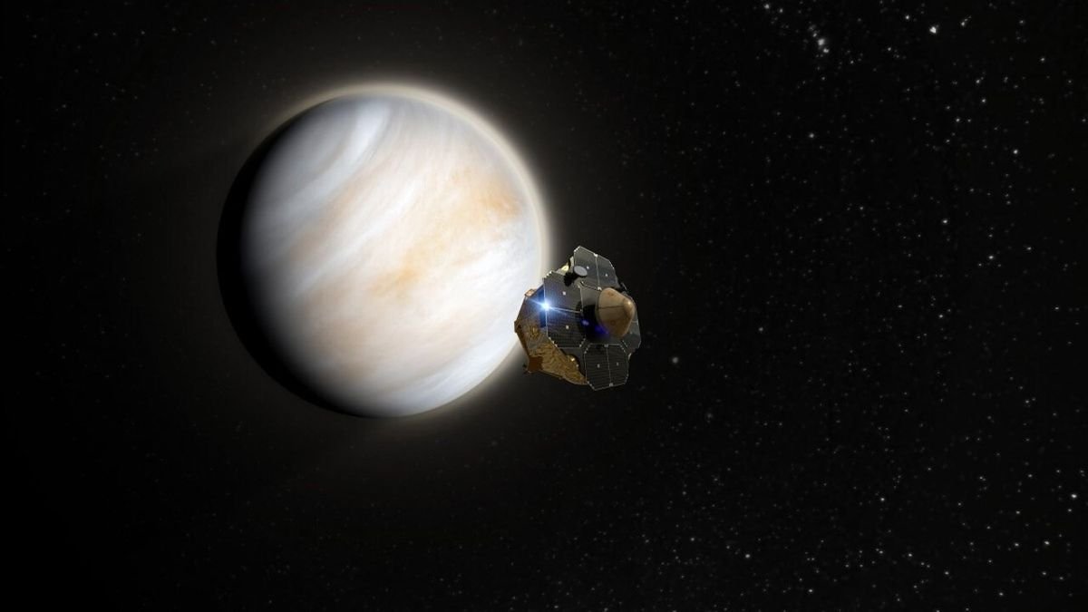 illustration of a small spacecraft approaching cloudy venus with the blackness of space in the background