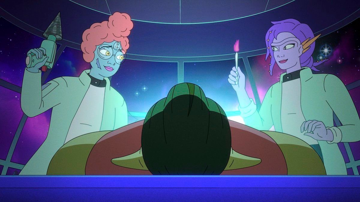 two alien doctors with green skin hold surgical instruments above a patient on an operating table