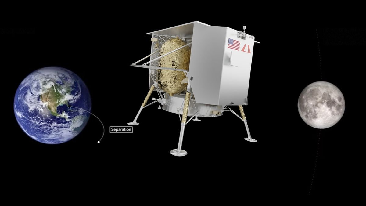 the earth a cube shaped spacecraft with four legs and the moon