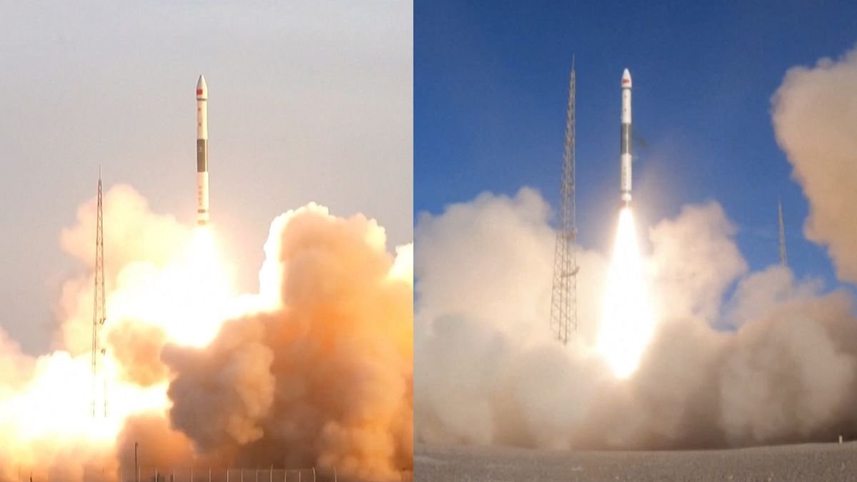 side by side photos of two daytime rocket launches