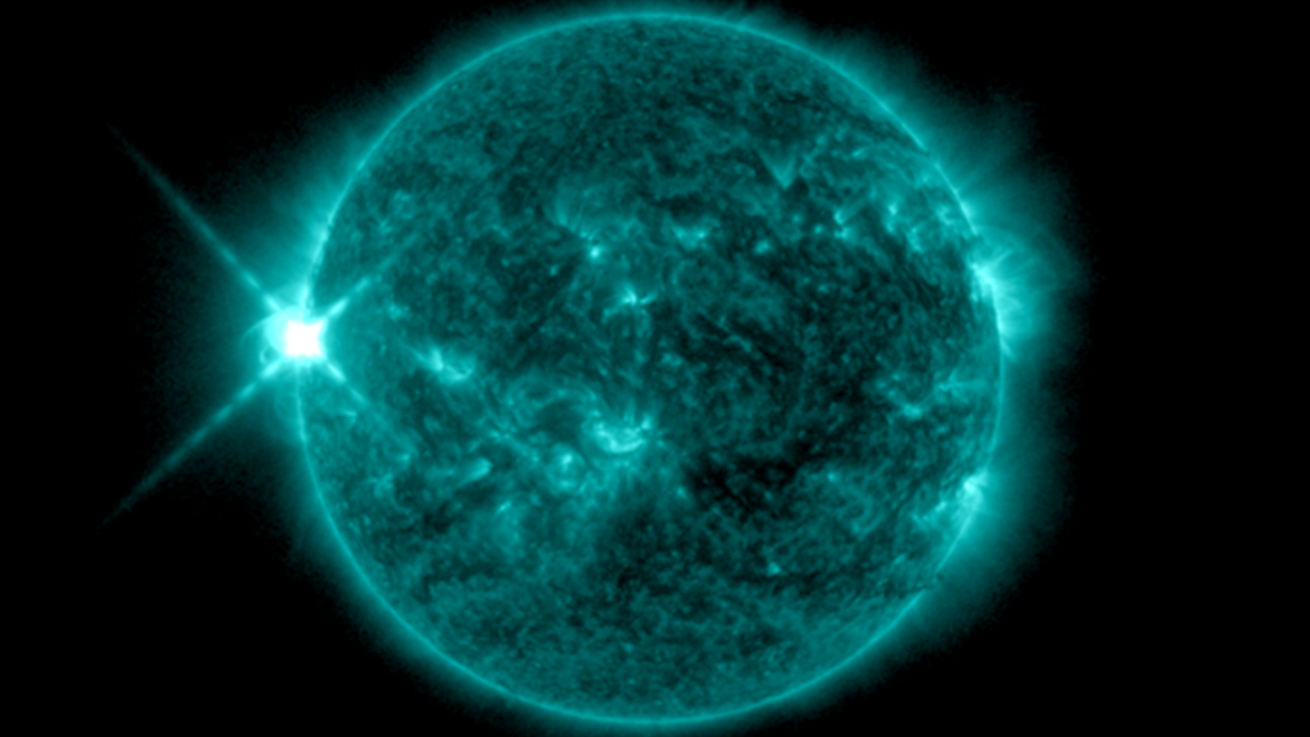 An image of the sun in ultraviolet showing a solar flare that erupted on new Year