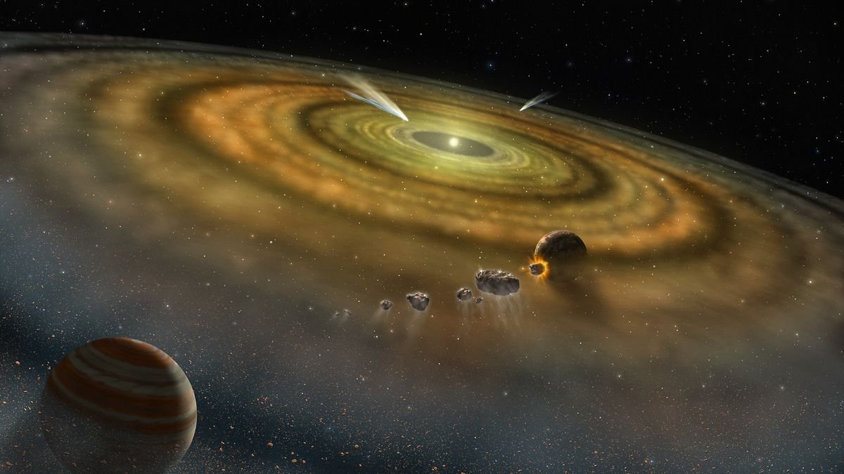 Yellowish rings of gas are seen around a tiny star Planets and rocks float in the rings