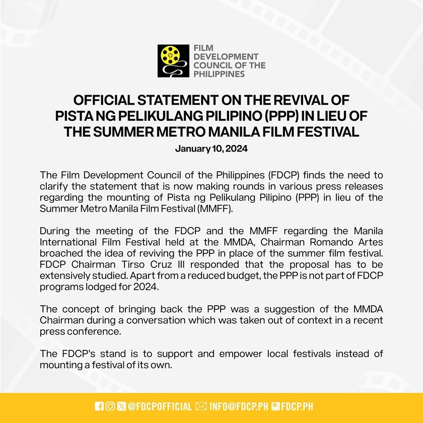 FDCP Issues Official Statement Regarding Resurgence of PPP as an Alternative to Summer Metro Manila Film Festival