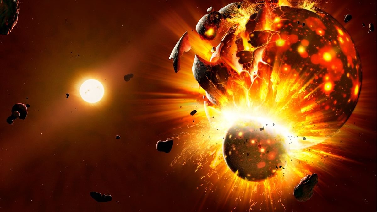 a spherical body crashes into a larger one in space creating a massive explosion of fire and chunks of planet