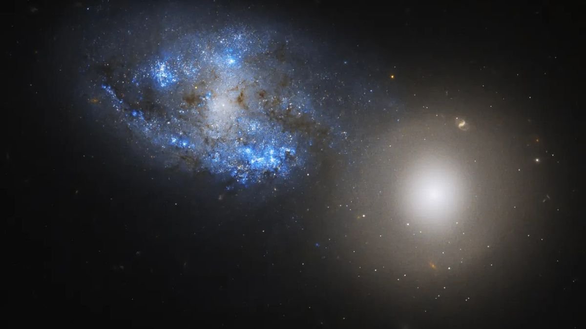 a sparkly blue galaxy is seen in the top left while a hazy glowing yellow ish white one is in the borrom right