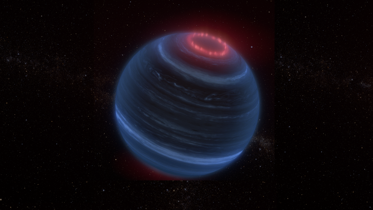 An illustration of a dark blue failed star or brown dwarf with a ring of reddish aurorae around its north pole