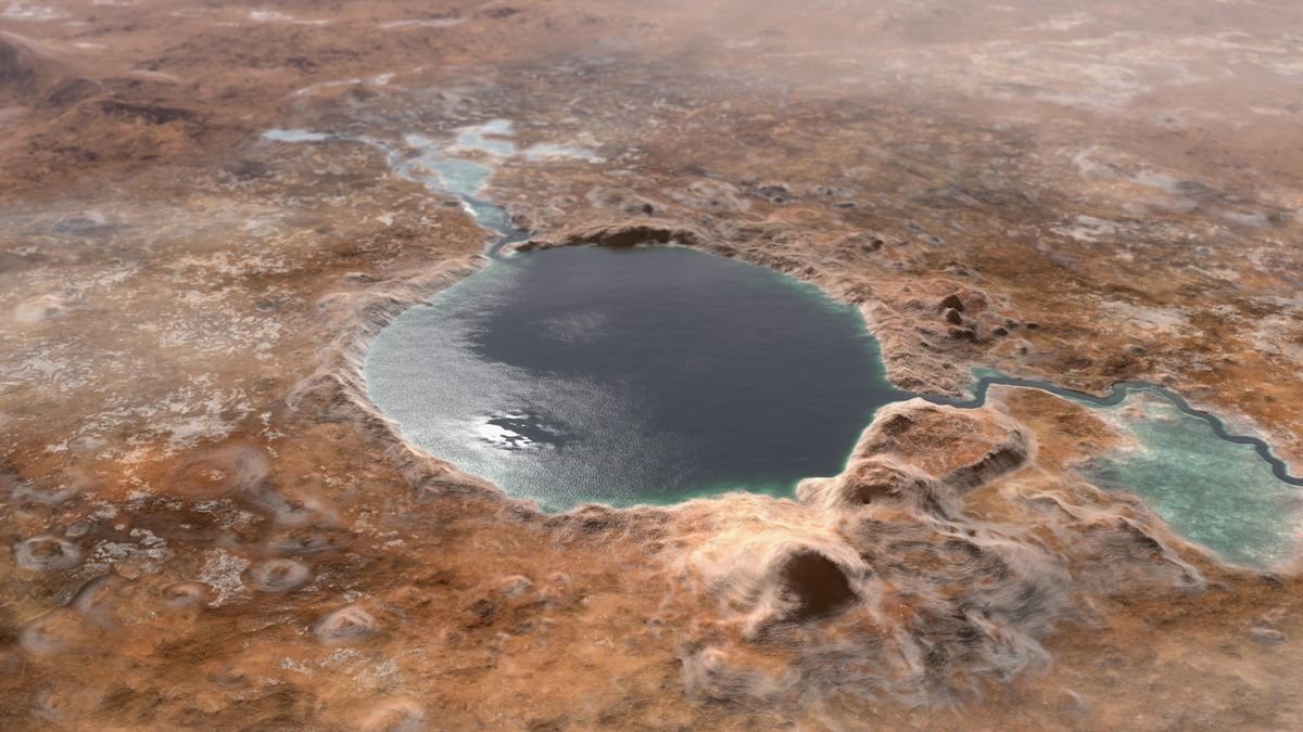an illustration of a lake surrounded by dry red landscape