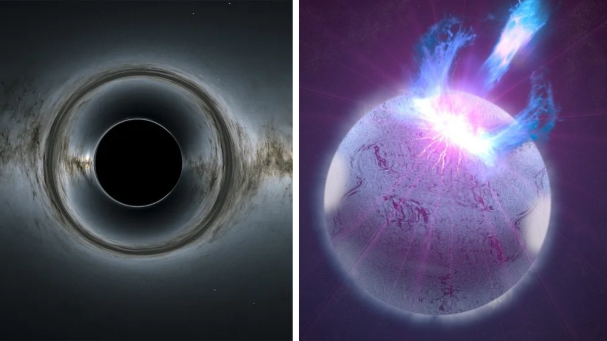 a dark black orb in space and a white star with purple clouds shooting out of it