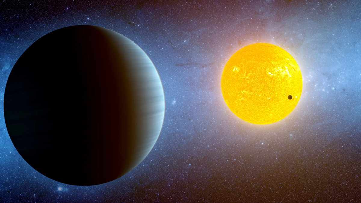 illustration showing a large planet in the foreground and a yellow star with a close orbiting world in the background