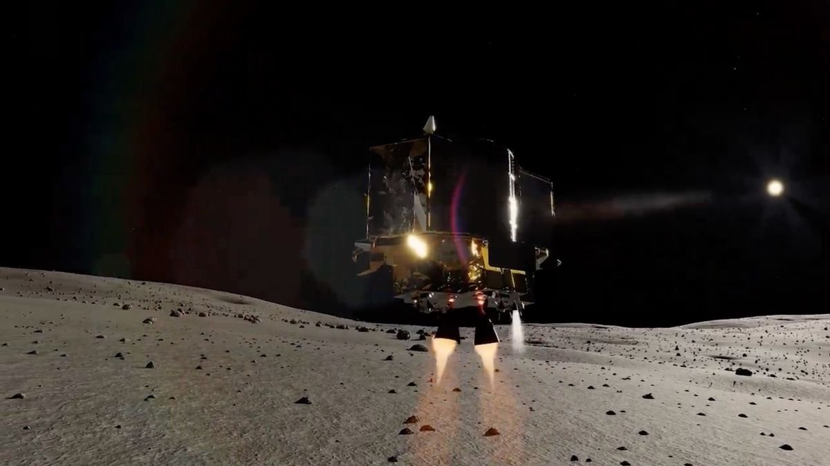 a small spacecraft hovers just above the surface of the moon with the blackness of space in the background