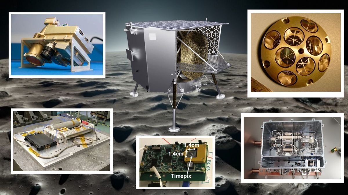 illustration of the silver Peregrine lander on the moon with five insets showing some of its science gear