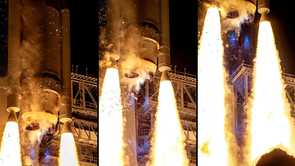 three images side by side showing the vulcan centaur engines blasting the rocket up from the launch pad