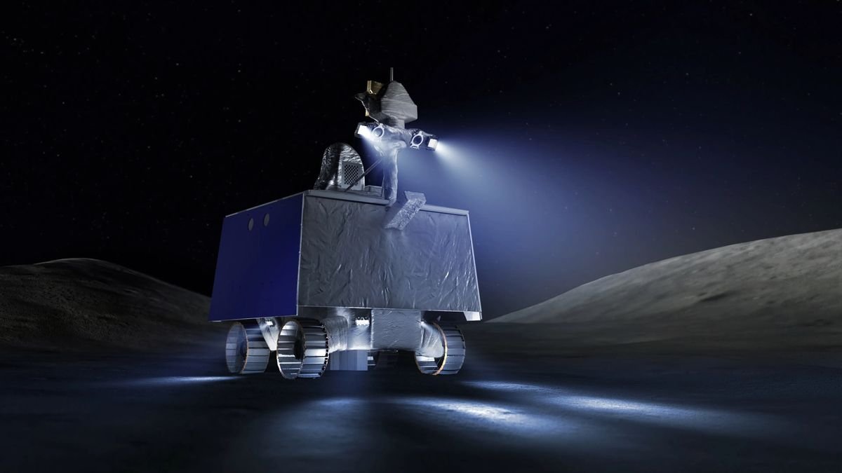 An illustration of the VIPER moon rover looking like a silvery box with wheels on the moon