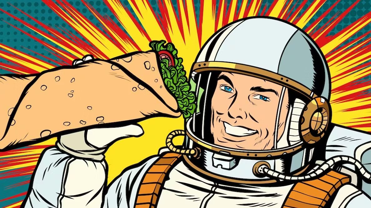 cartoon of an astronaut holding a burrito with a comic book like shazzaam shape behind him