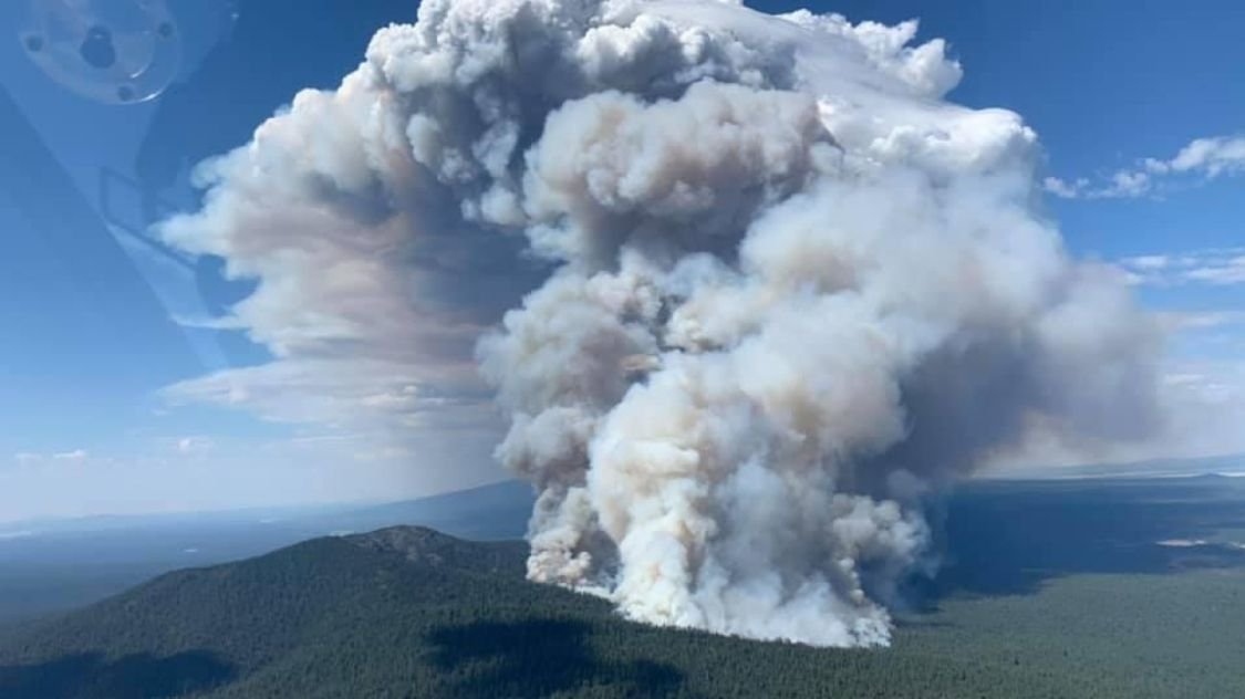 A huge plume of smoke erupts from the Bootleg wildfire in Oregon early in its development on July 17 2021