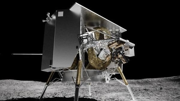 An illustration of a metallic lander on the moon