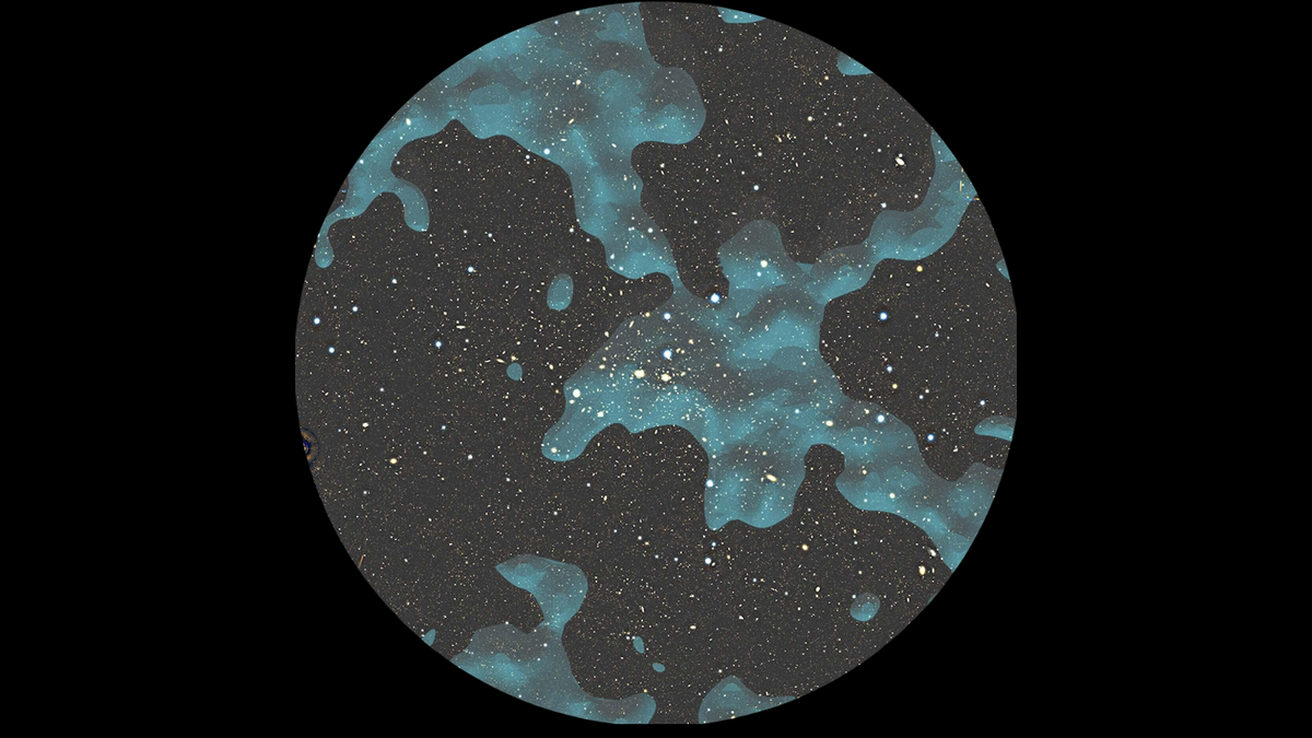 Dark matter in the Coma Cluster Dark matter represented by green clouds over the Coma Cluster and distant galaxies as seen by Subaru Telescope