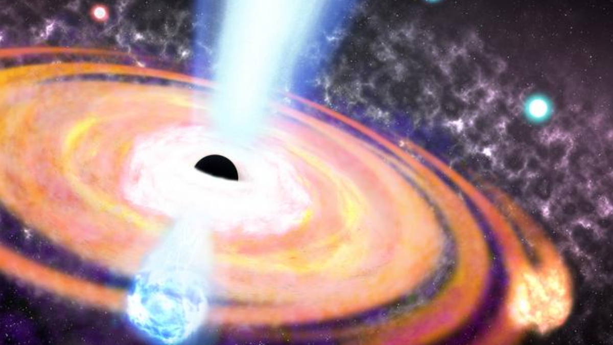 An illustration shows the magnetic fields of an early supermassive black hole driving star formation