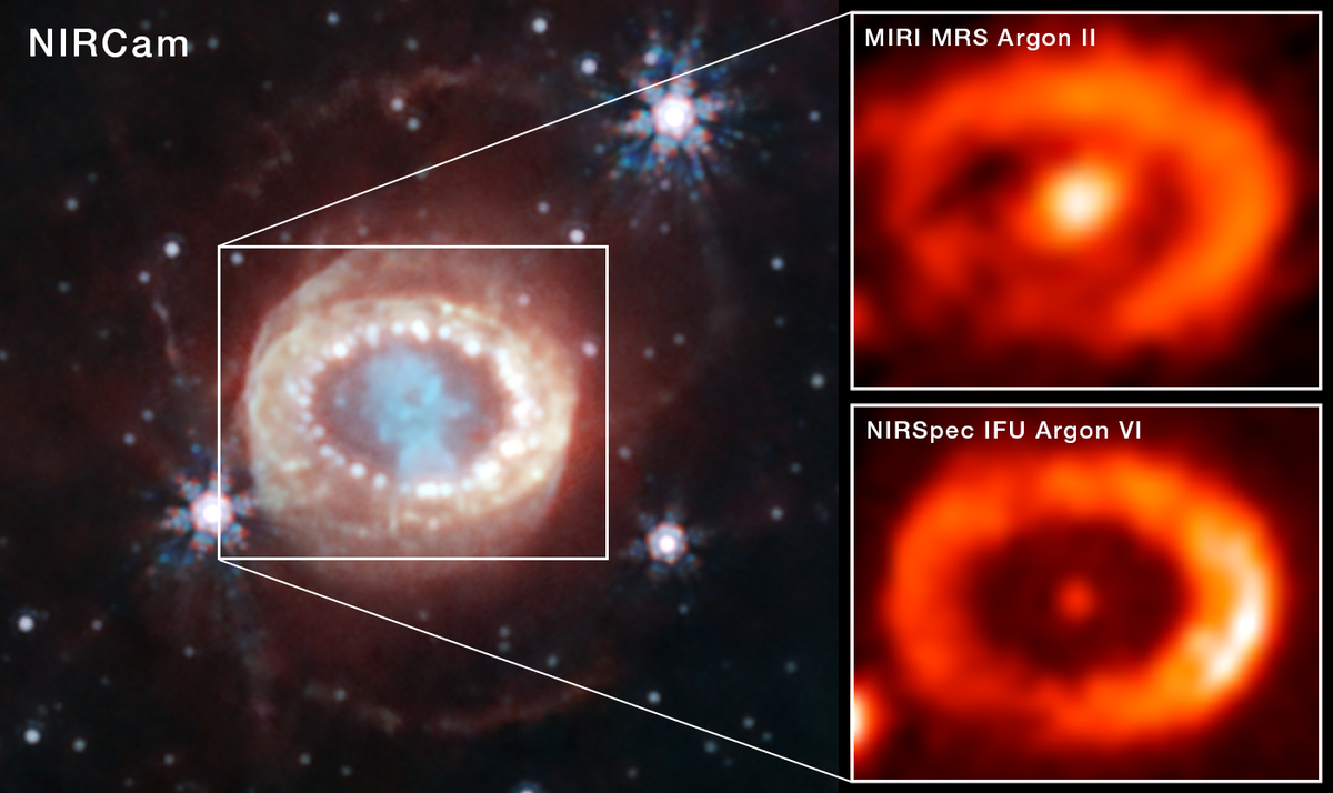 The NASAESACSA James Webb Space Telescope has observed the best evidence yet for emission from a neutron star at the site of a well known and recently observed supernova The supernova known as SN 1987A occurred 160000 light years from Earth in the Large Magellanic Cloud