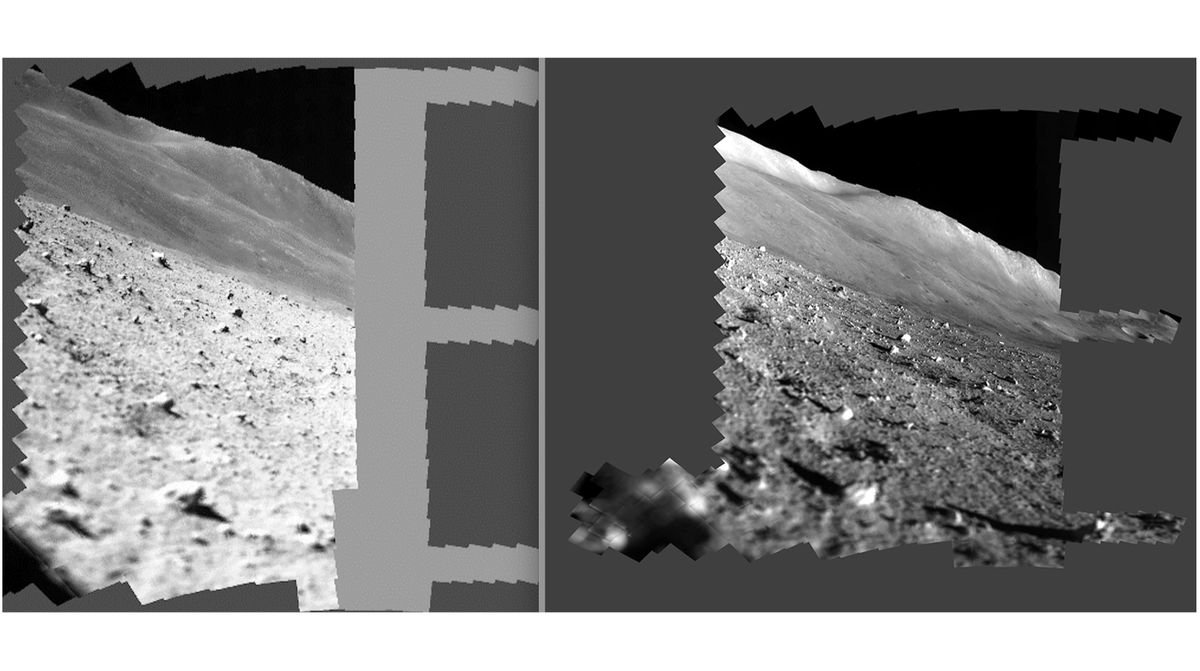 two side by side images of the lunar surface captured by a japanese lander showing gray dirt small rocks and a hill in the distance