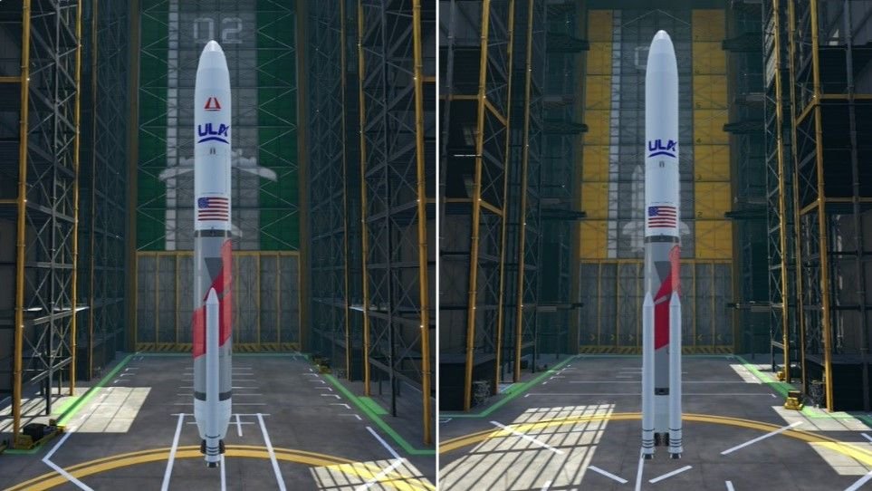 cgi render of a red striped rocket inside a simulated assembly building