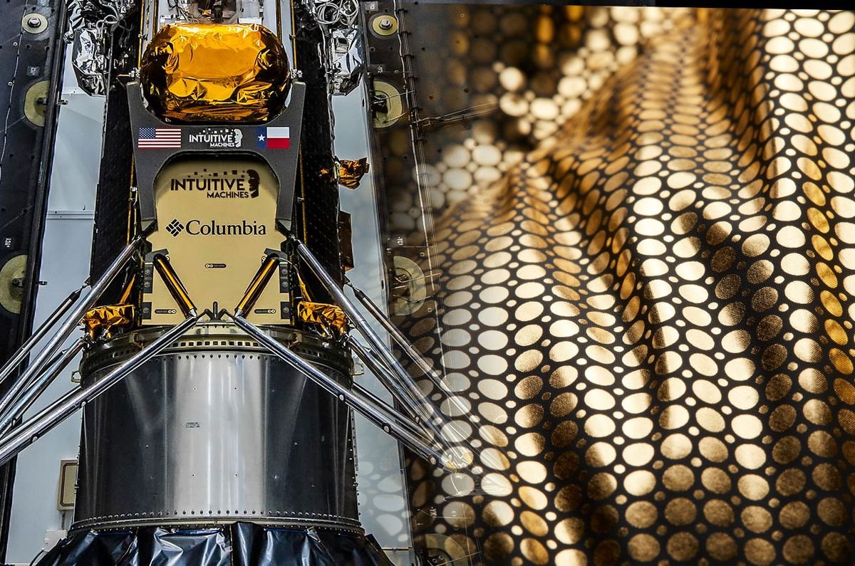 closeup photo of a reticulated gold and black fabric next to a photo of a robotic moon lander