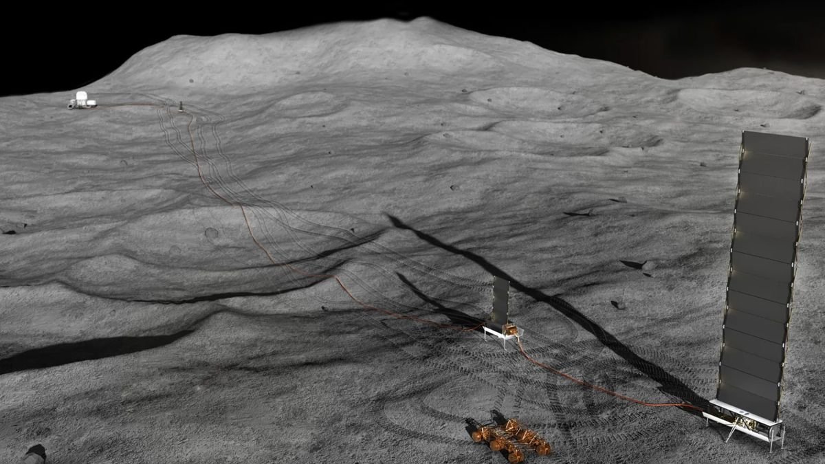illustration of a small faraway moon base on the hilly crater marked surface of the moon