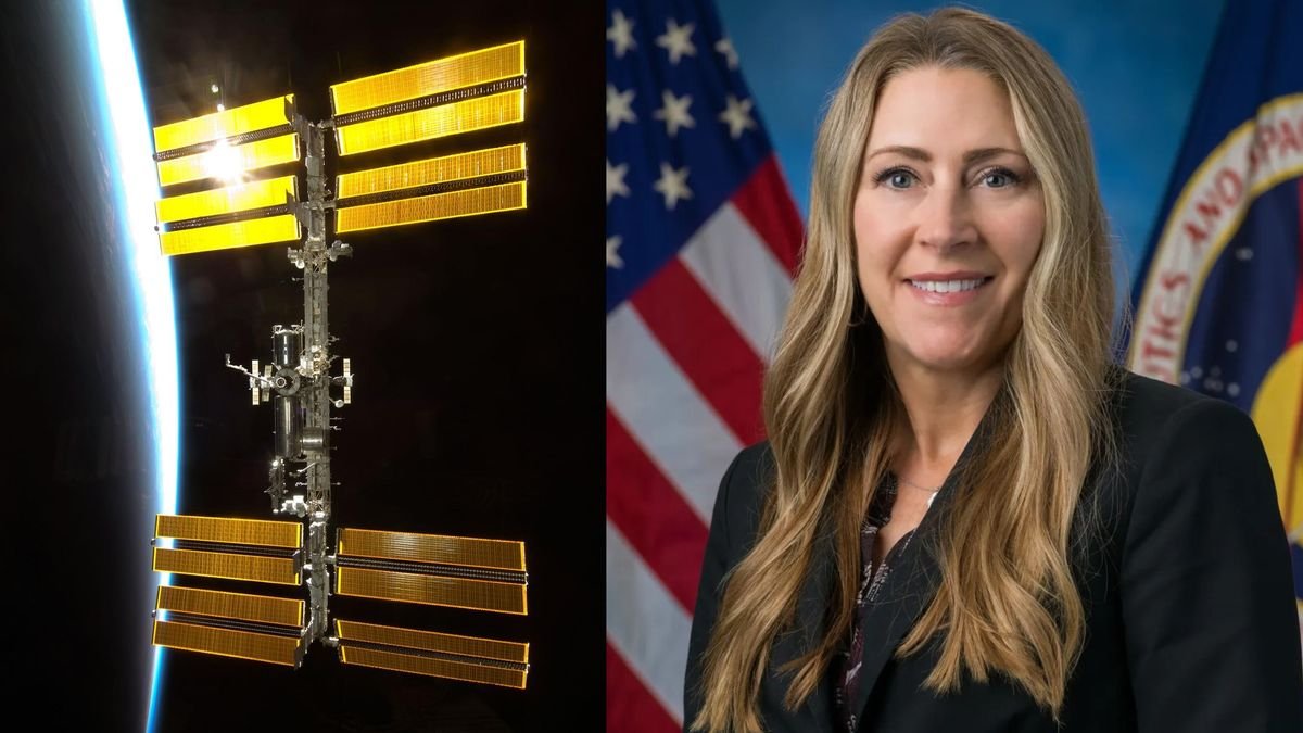 two pictures side by side at left is the space station with earth below visible as a crescent on the left at right is dana weigel smiling in front of an american flag and the nasa flag