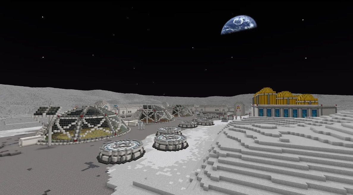 scene from a video game showing a base on the moon with earth in the background