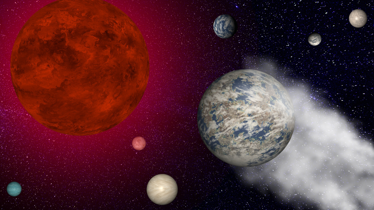 An illustration of Trappist 1e shows the potentially habitable exoplanet being stripped of its atmosphere by harsh radiation from its red dwarf star as its planetary siblings watch on