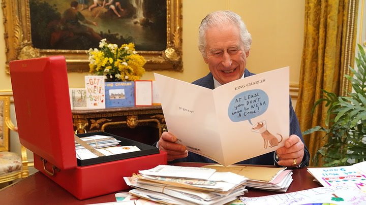 King amused by well wishers card showing disgruntled cone wearing dog