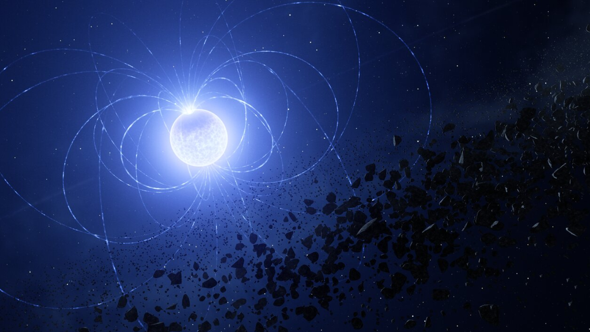 Illustration of the magnetic white dwarf WD 0816 310 where astronomers have found a scar imprinted on the surface as a result of the star ingesting planetary debris