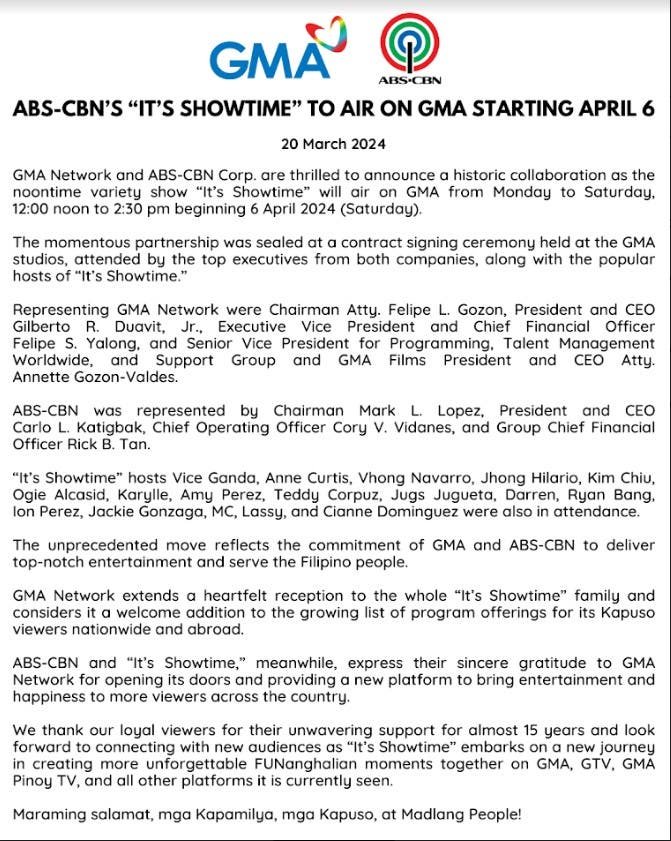 ABS CBNs Its Showtime to Air on GMA Starting April 6