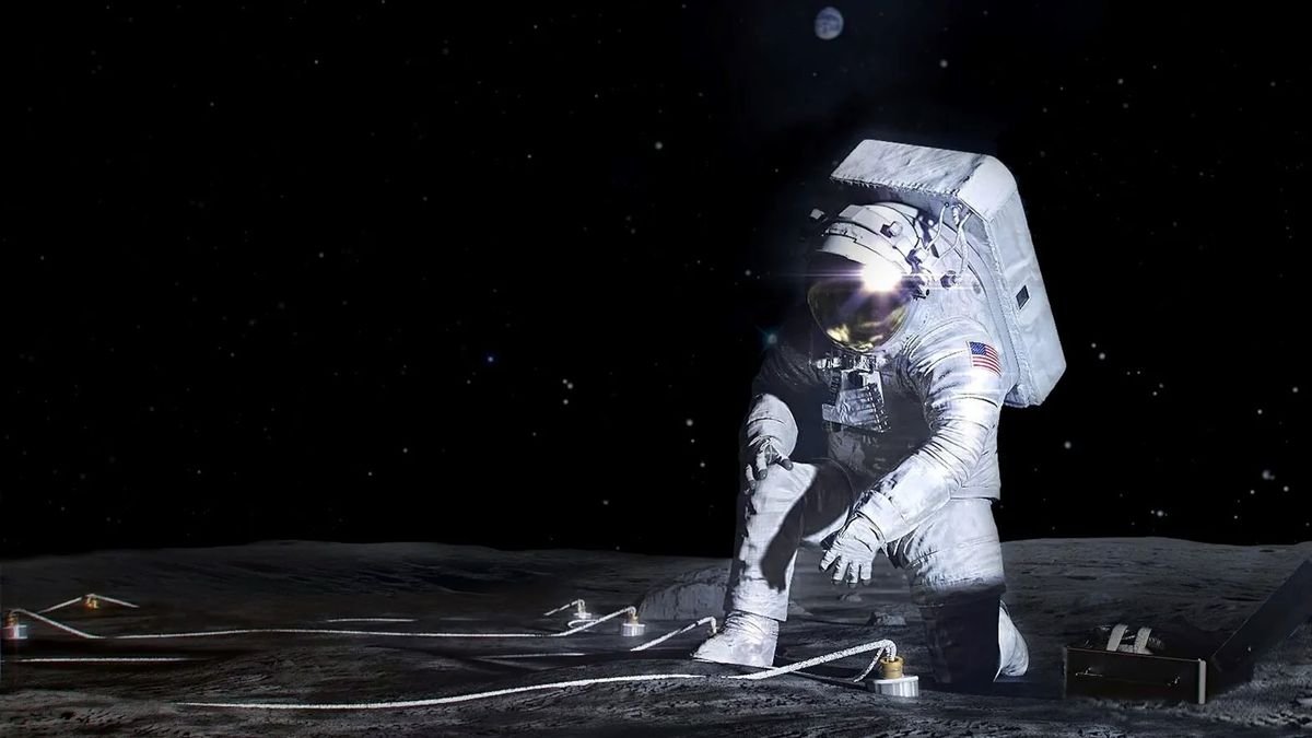 illustration of an astronaut in a white spacesuit kneeling on the gray lunar surface