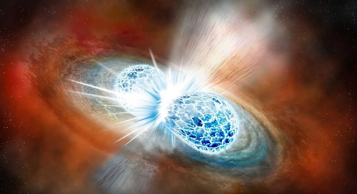 An illustration of two ice blue orbs smashing together surrounded by warm reddish dust and gas