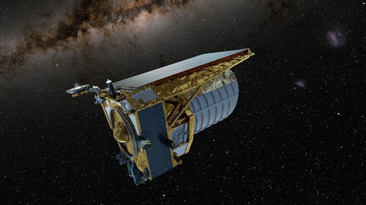 A rendering of a gray machine in space wrapped a bit in golden metallic material