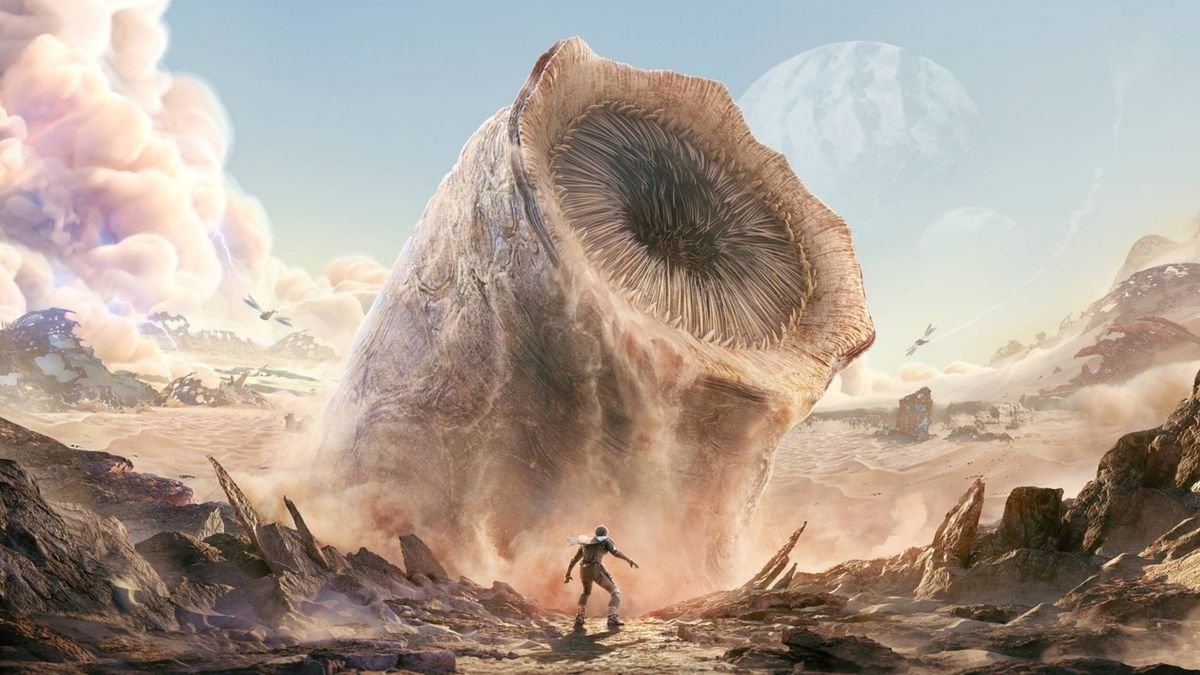 Giant sandworm breaching out of the desert in front of a tiny human
