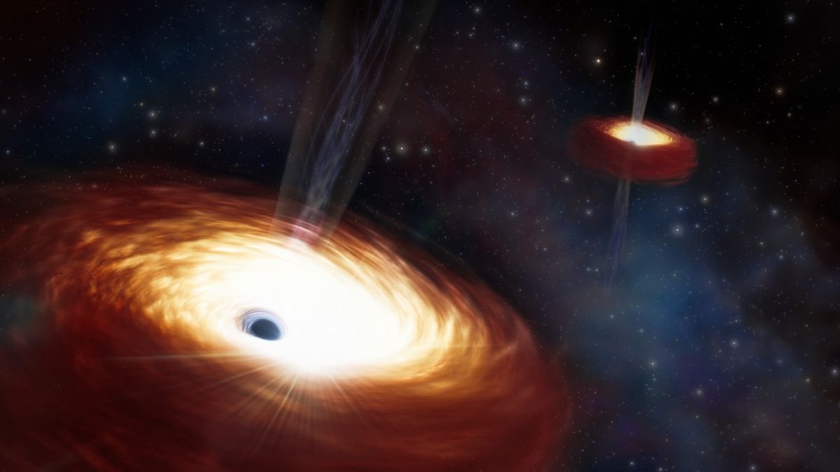 An illustration shows two supermassive black holes locked by their size and prevented from merging