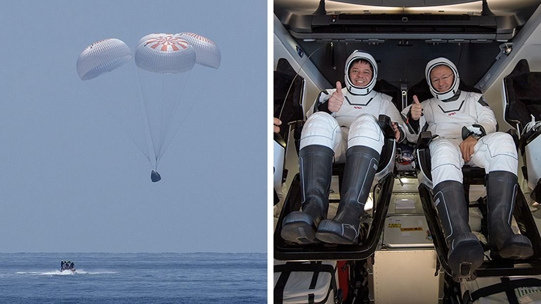 two pictures side by side at left is a spacecraft falling into the ocean under four parachutes at right are two astronauts in spacesuits seated and giving a thumbs up