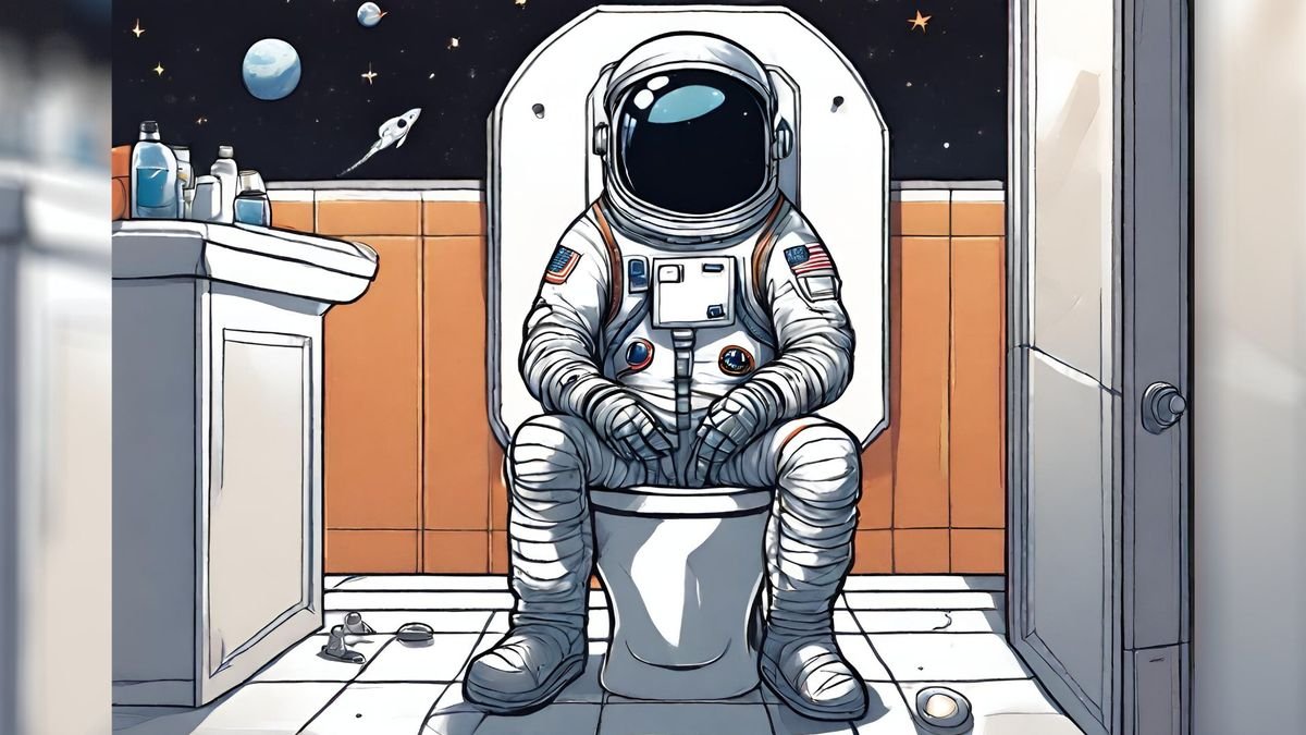 cartoon illustration of an astronaut sitting on a toilet while in space