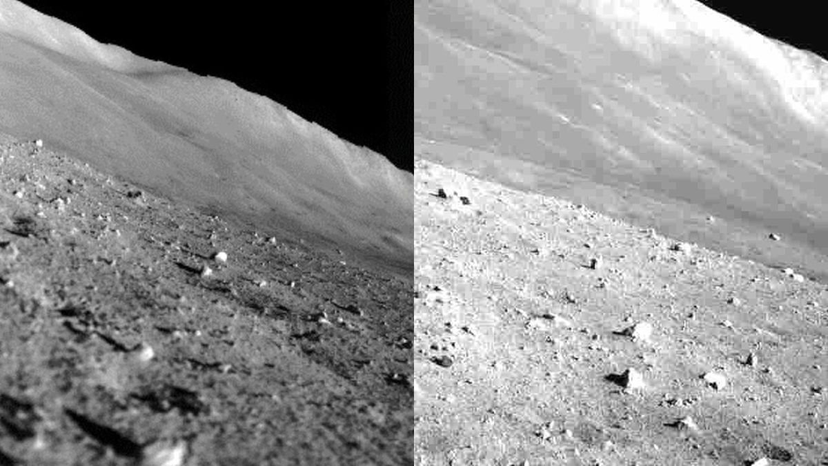 two pictures of a big hill on the moon and rocks in front in black and white
