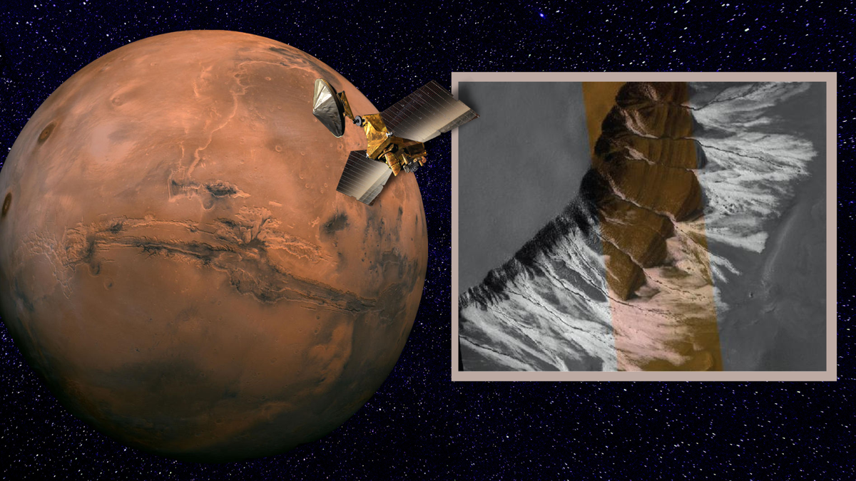 At left an illustration of a spacecraft in orbit around Mars At right a spacecraft photo of icy gullies on Mars
