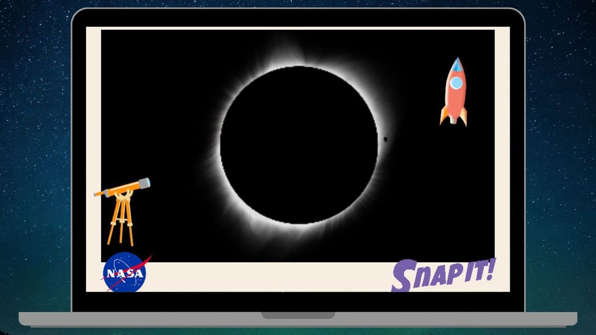 nasa snap it game on a laptop screen graphic against a background of space
