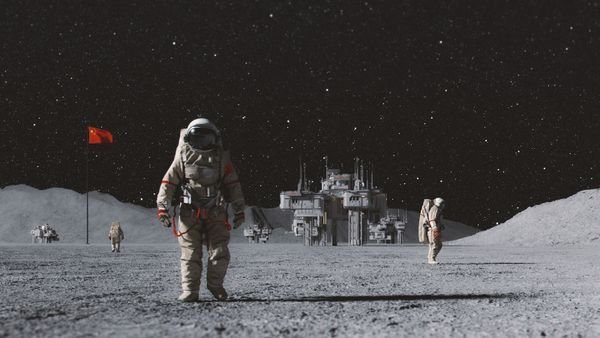 An illustration showing three astronauts roaming around the moon One is coming closer to the camera There