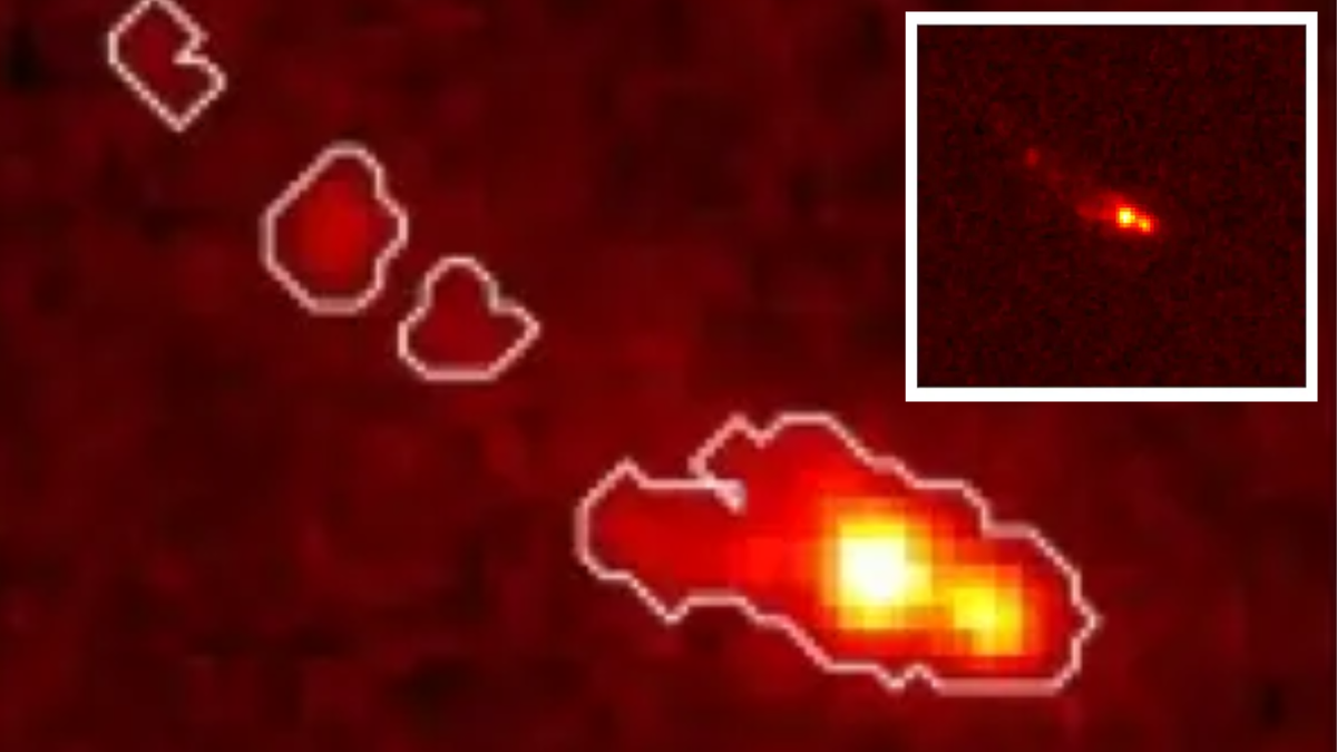Main The complex shape of Gz9p3 shows it origins as the result of a merger between galaxies Inset direct imaging by the JWST reveals Gz9p3 has a double nucleus indicating a merger that is still ongoing