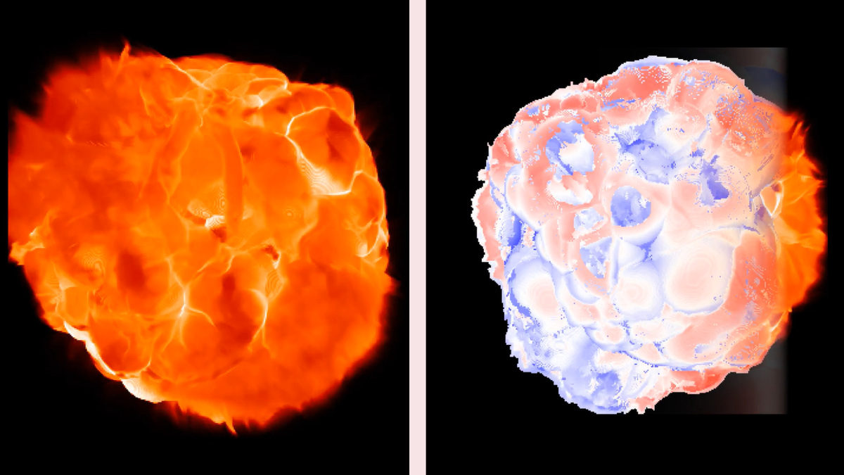 On the left a red bubbly looking orb is depicted On the right is a similar orb with blueish regions
