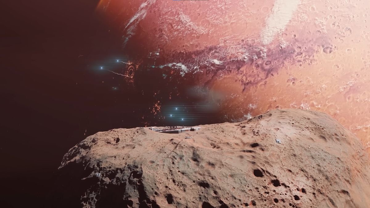 spaceships launch from a rocky moon in front of a large reddish orange planet