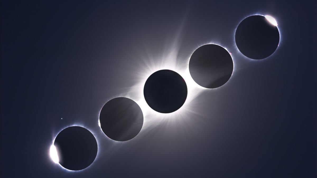 A composite of the August 21 2017 total eclipse of the Sun showing the second and third contact diamond rings and Bailys Beads at the start left and end right of totality flanking a composite image of totality itself The diamond ring and Bailys Beads images are single images